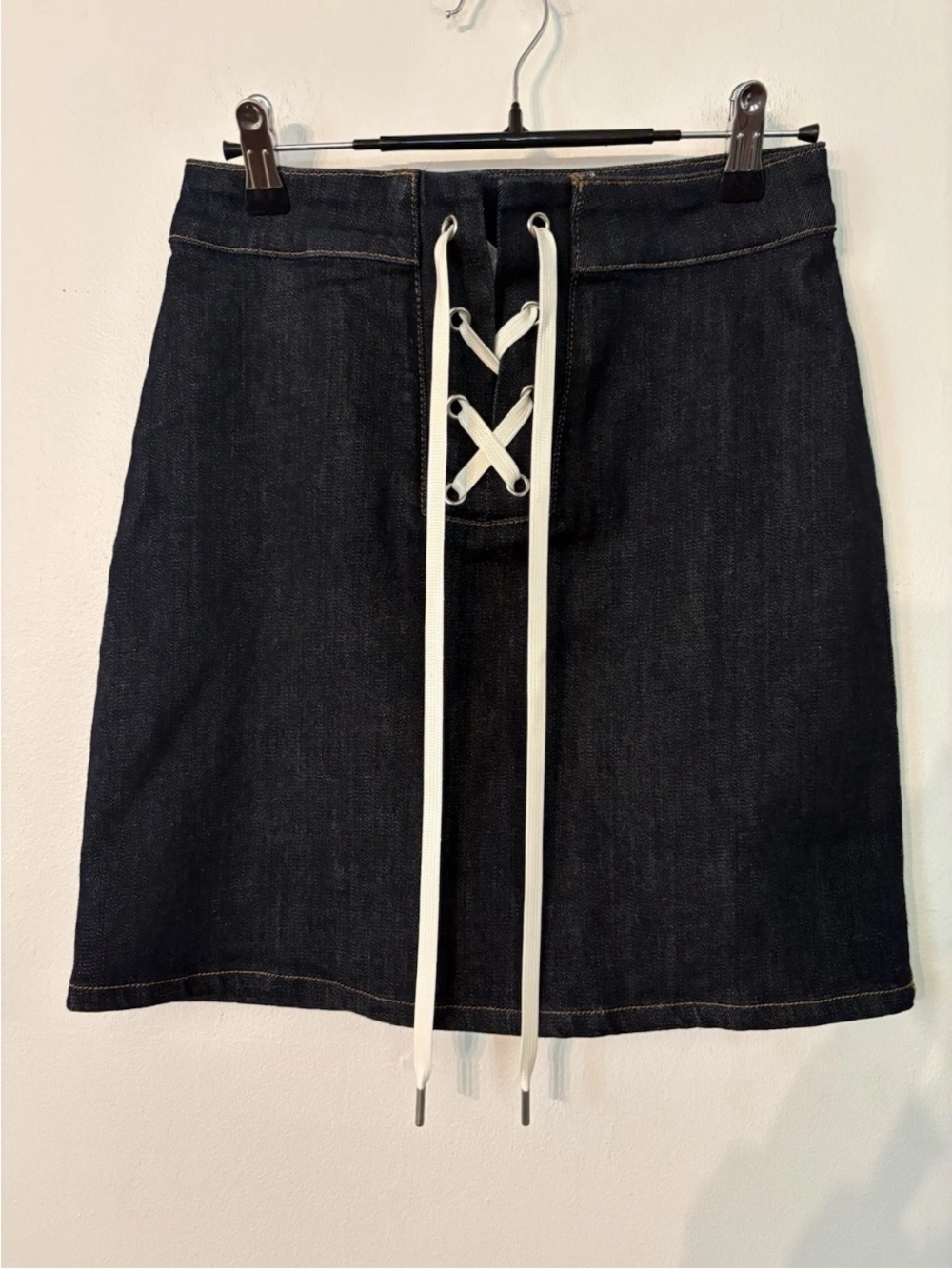 baldwin Black Denim Mini Skirt with White Lace-Up Front
